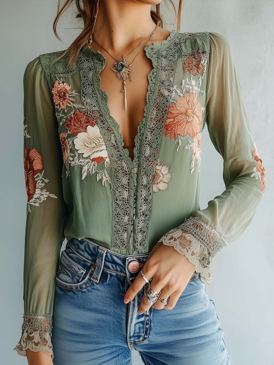 Boho Lace Trim Floral Blouse