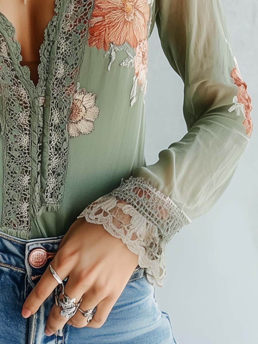 Boho Lace Trim Floral Blouse