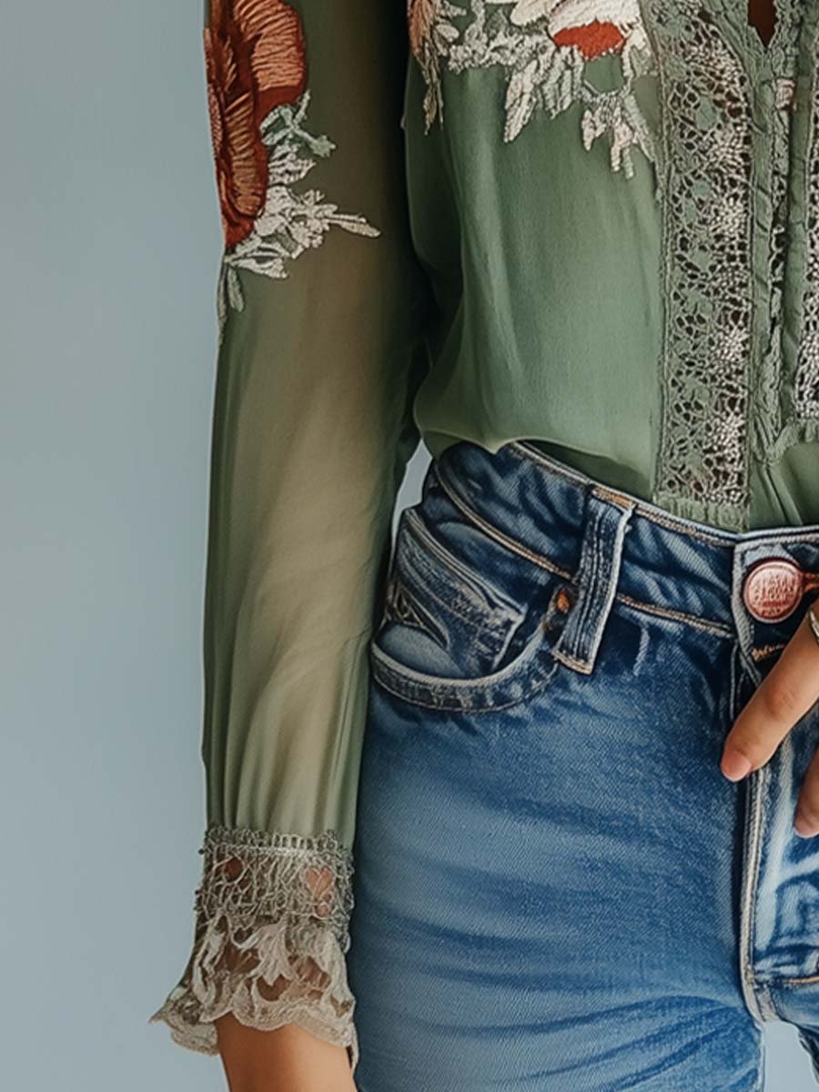 Boho Lace Trim Floral Blouse