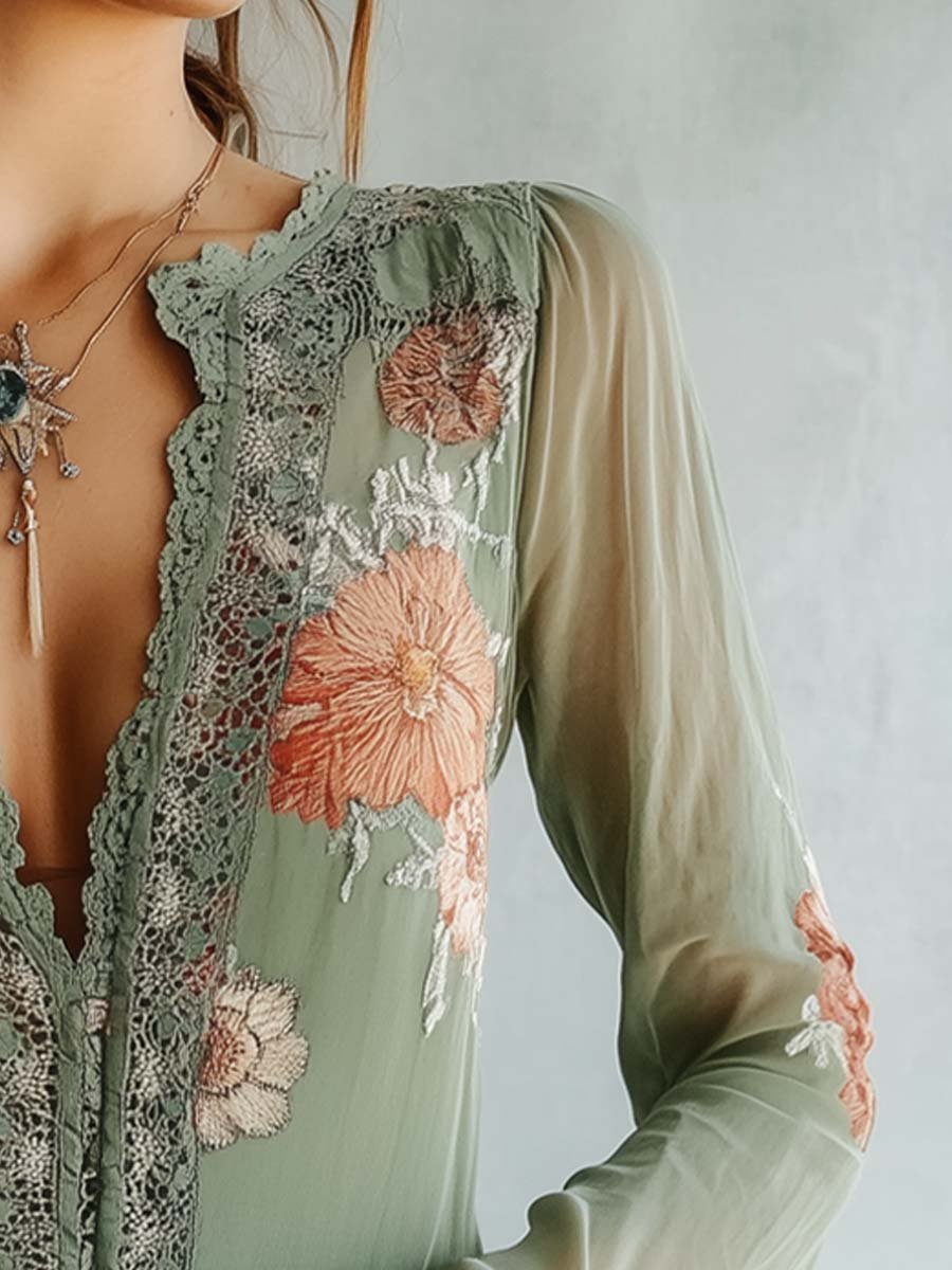 Boho Lace Trim Floral Blouse