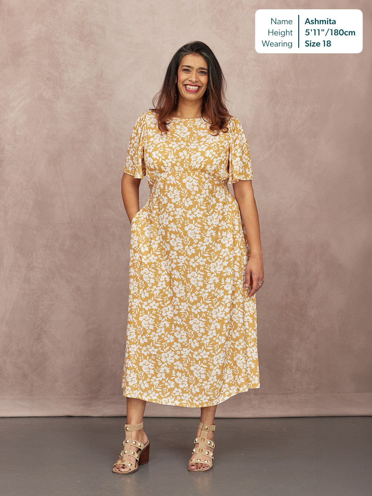 Rupali Angel Sleeve Tea Dress - Mustard & Ecru Floral Print
