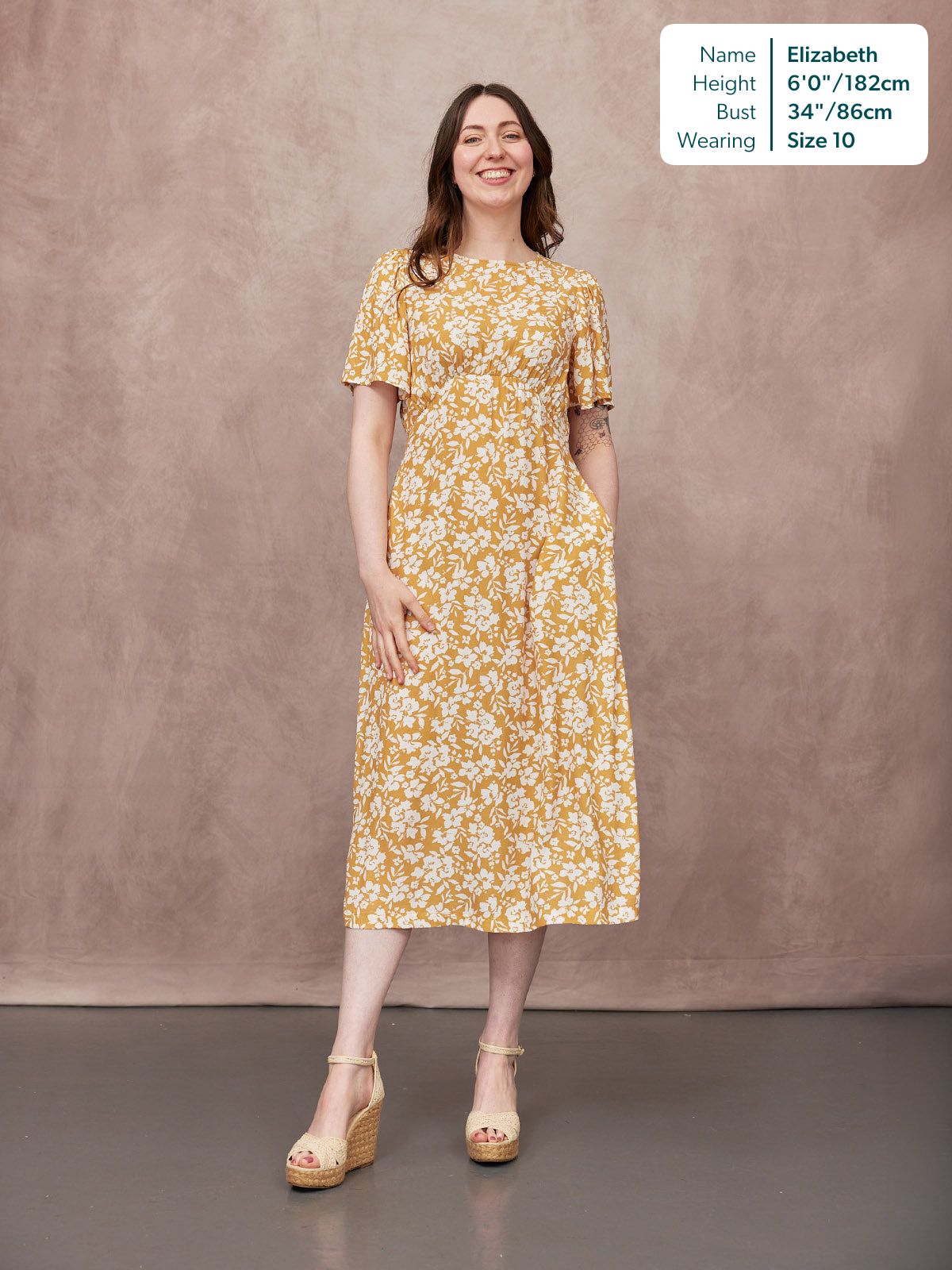 Rupali Angel Sleeve Tea Dress - Mustard & Ecru Floral Print