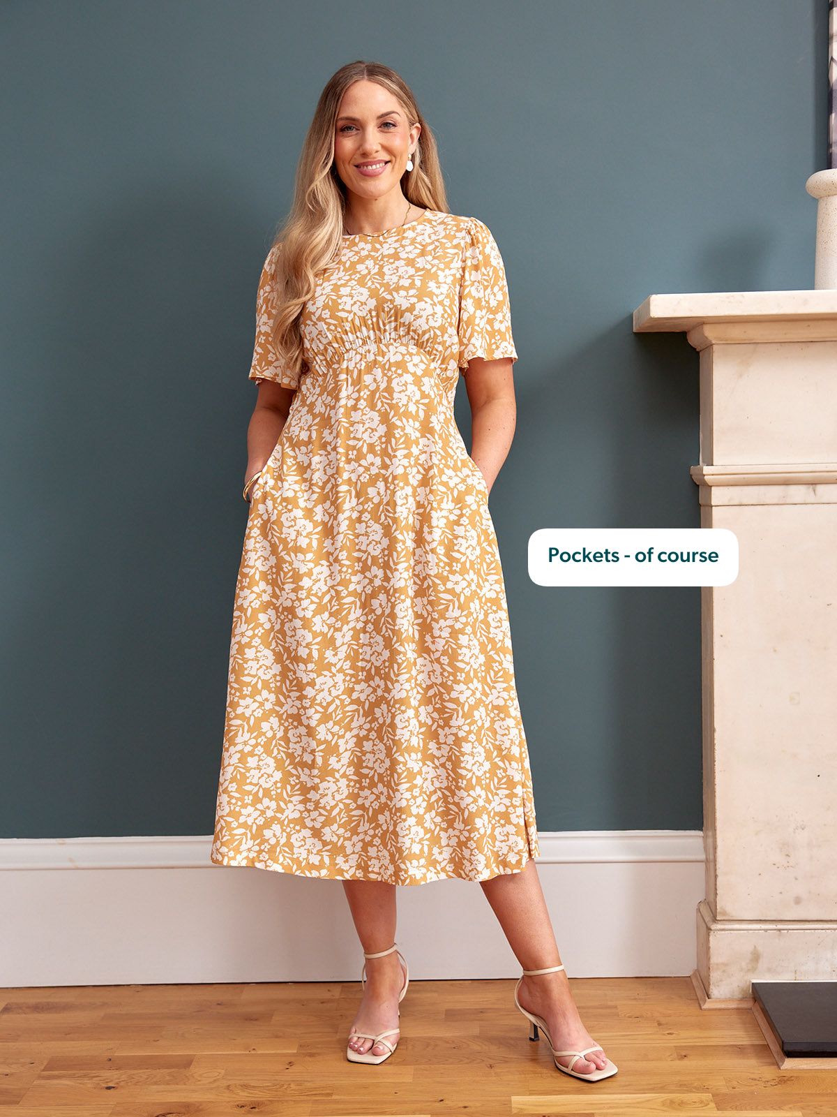 Rupali Angel Sleeve Tea Dress - Mustard & Ecru Floral Print