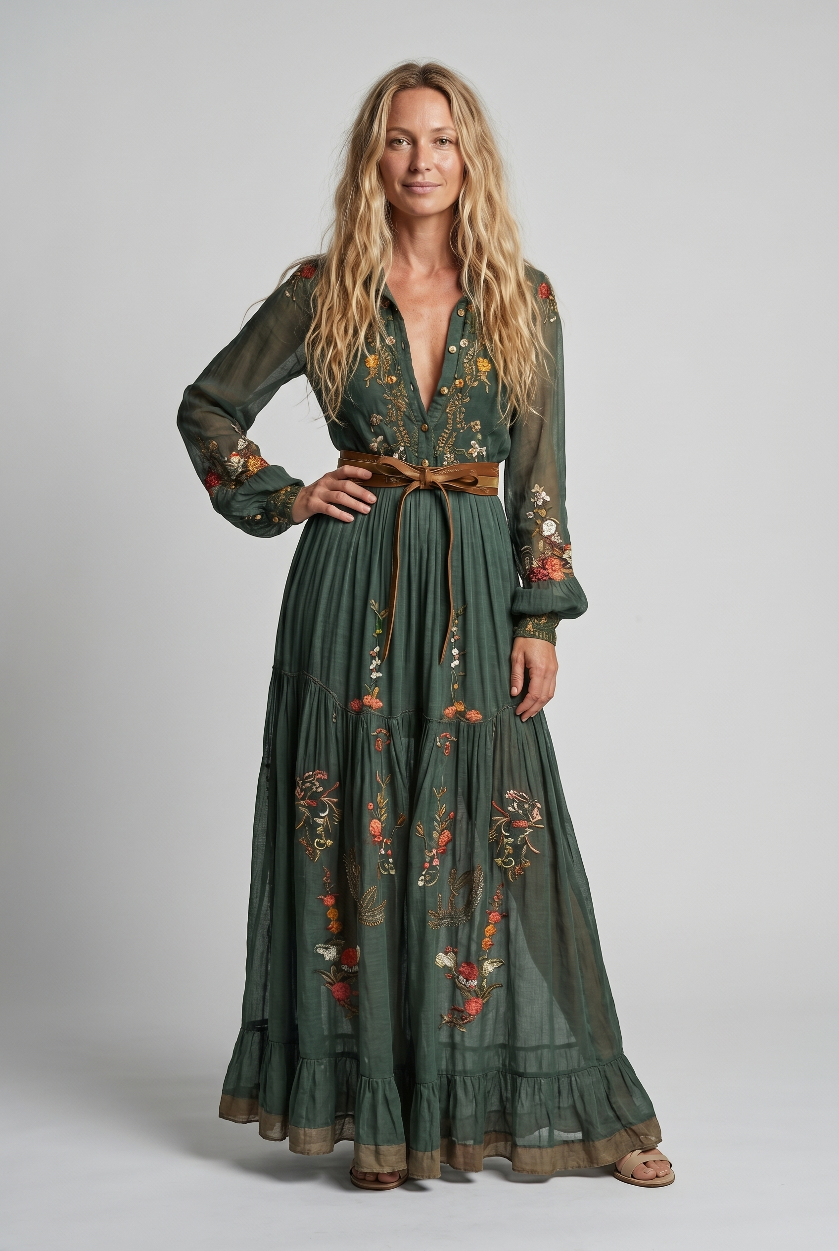 Women's Bohemian Dress | Embroidered V Neck Maxi