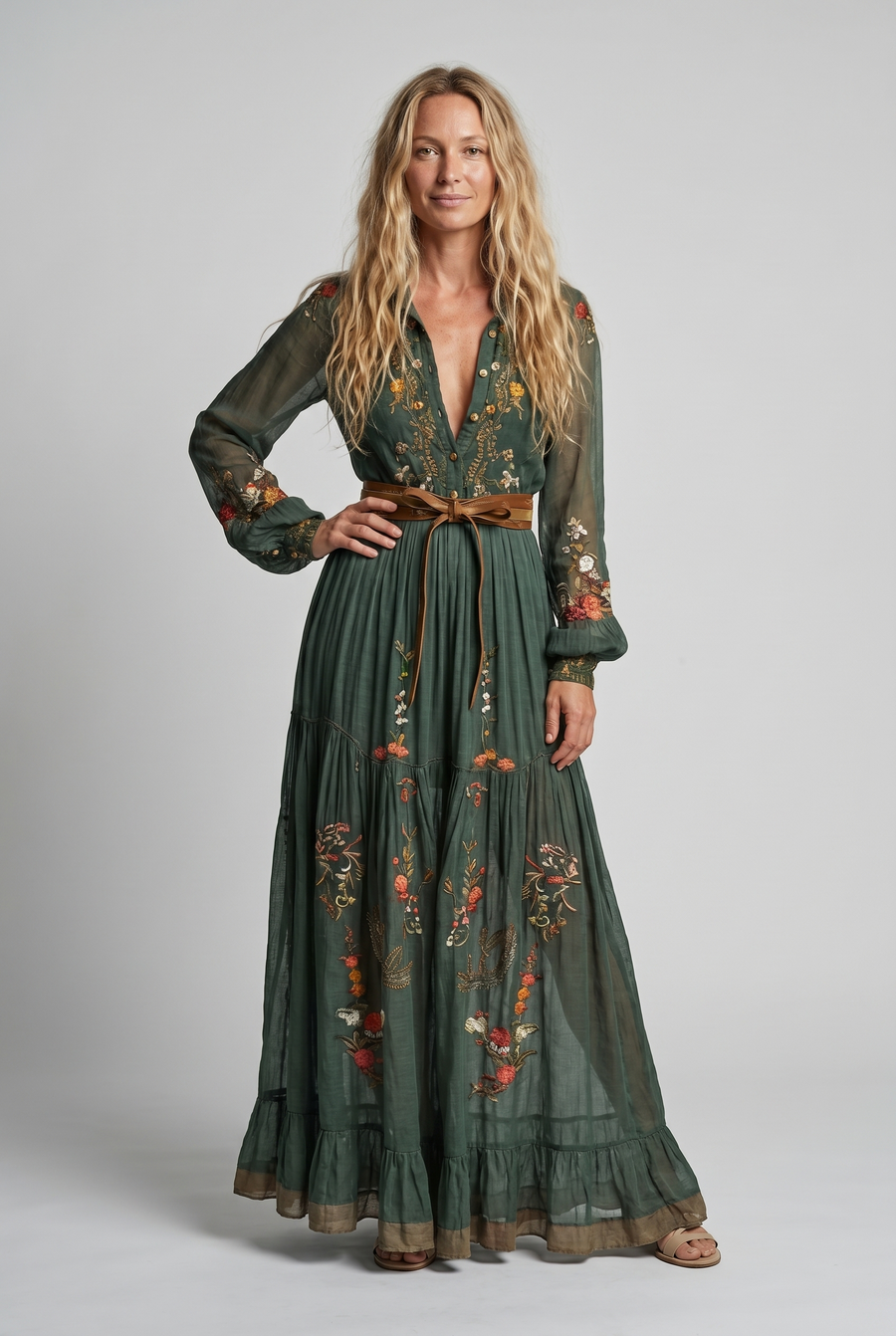 Women's Bohemian Dress | Embroidered V Neck Maxi