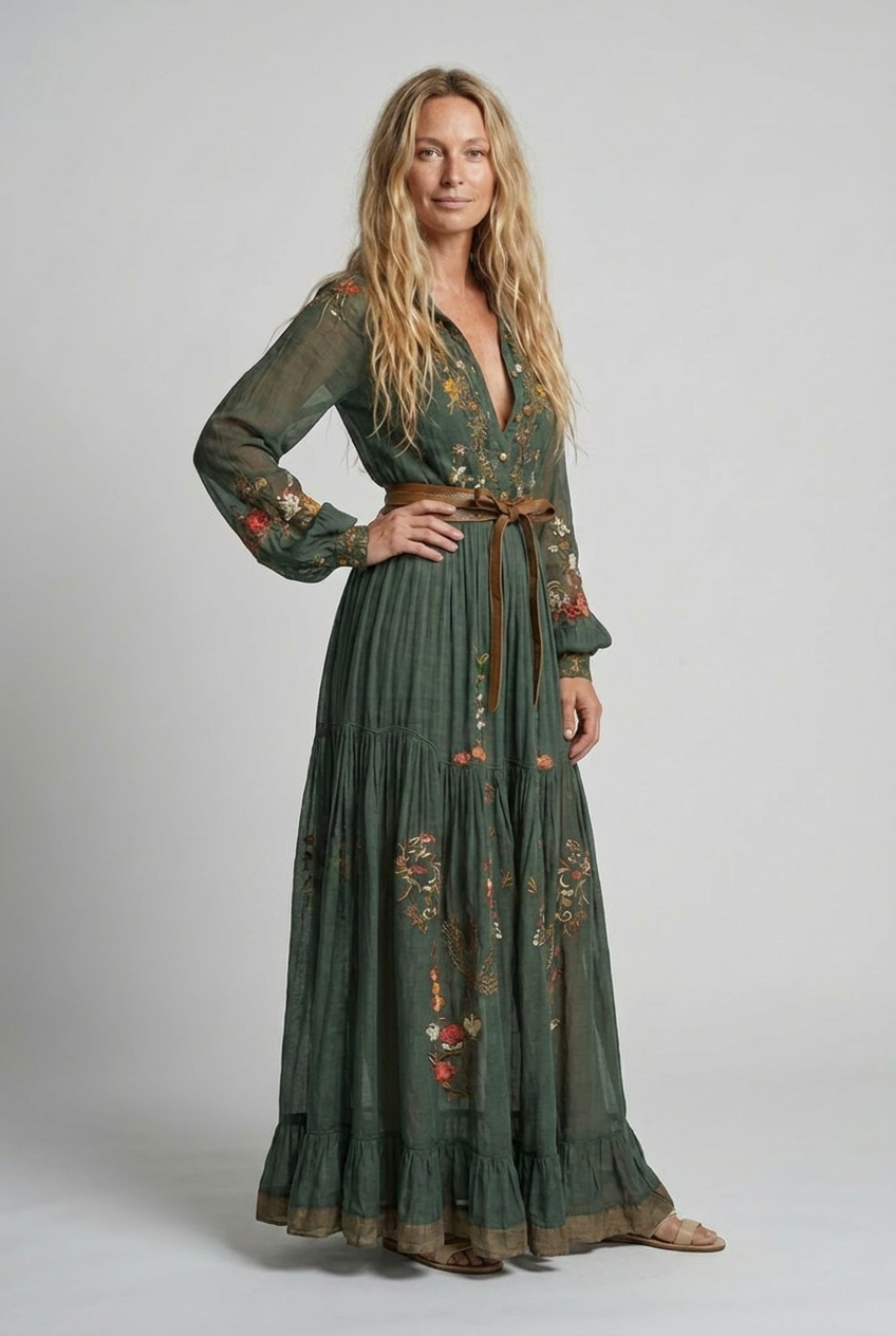 Women's Bohemian Dress | Embroidered V Neck Maxi