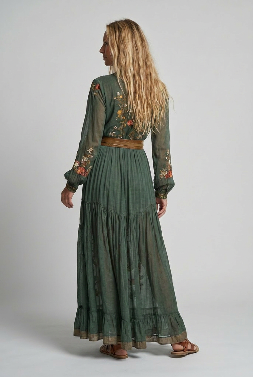 Women's Bohemian Dress | Embroidered V Neck Maxi
