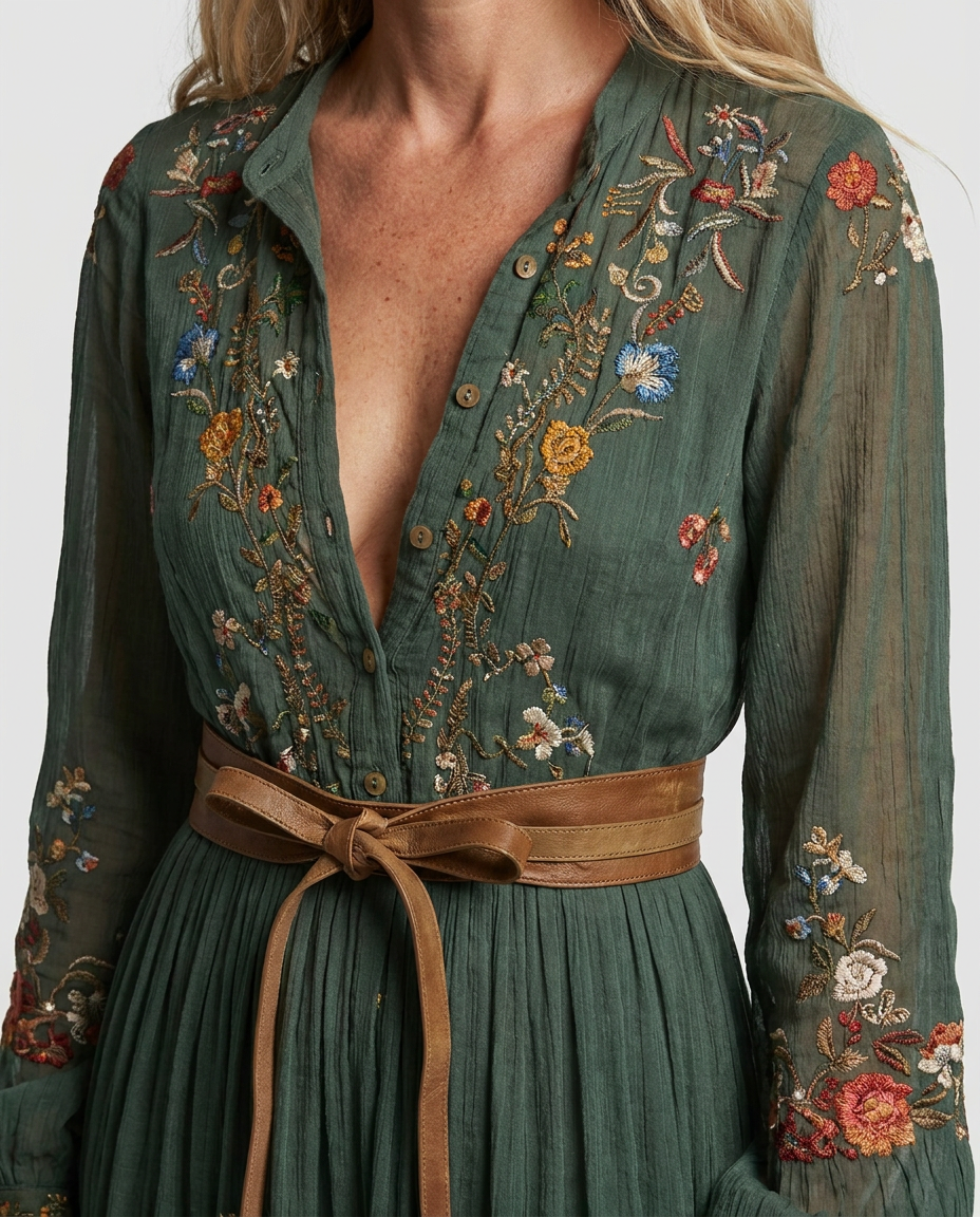 Women's Bohemian Dress | Embroidered V Neck Maxi