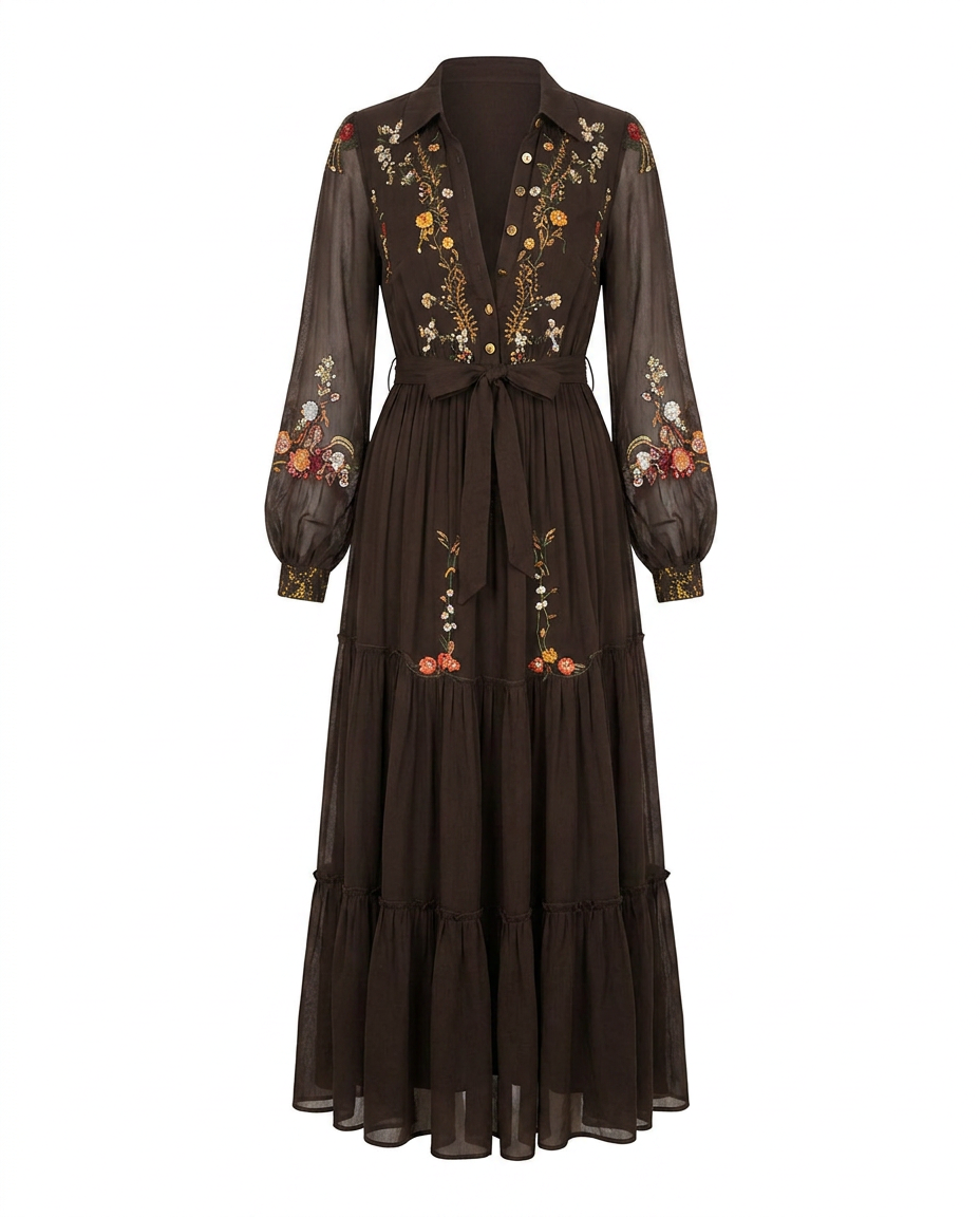 Women's Bohemian Dress | Embroidered V Neck Maxi