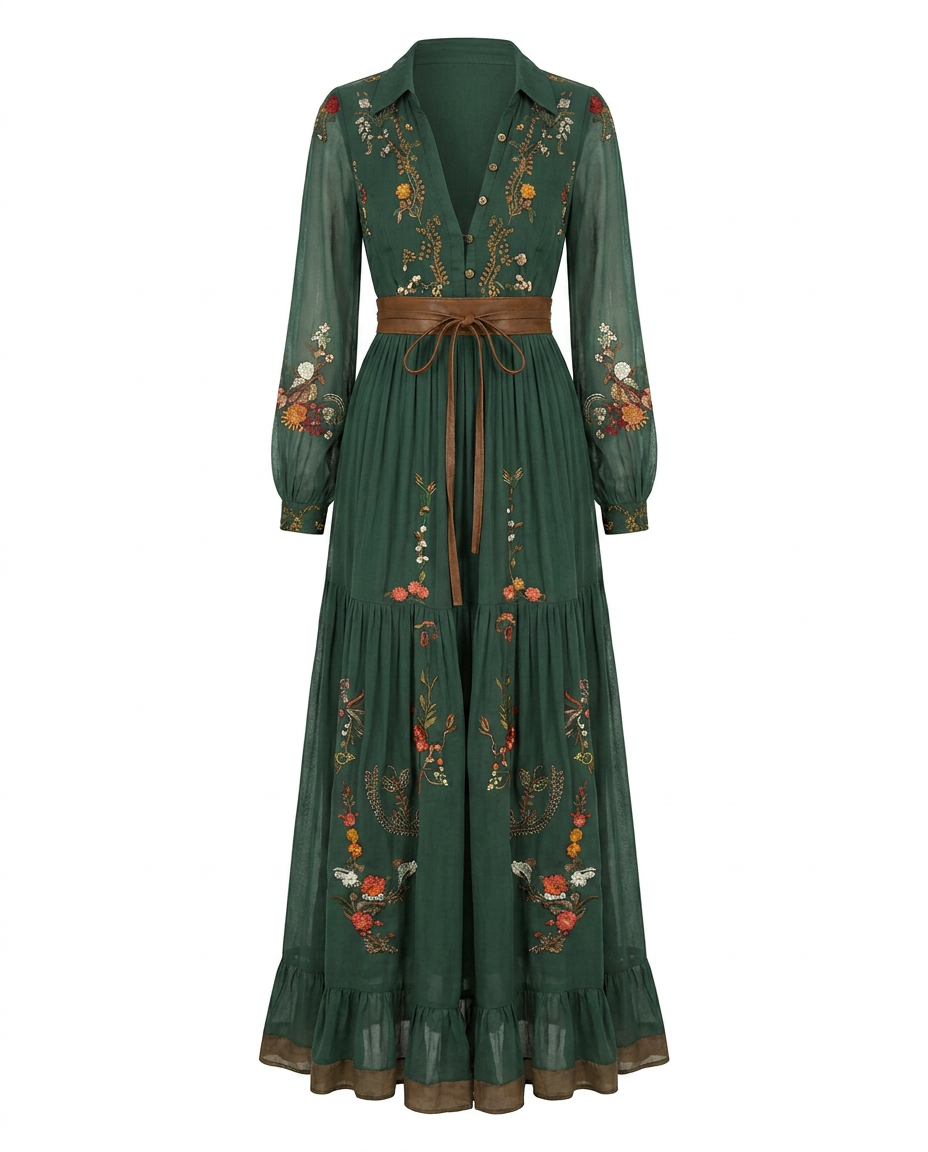 Women's Bohemian Dress | Embroidered V Neck Maxi